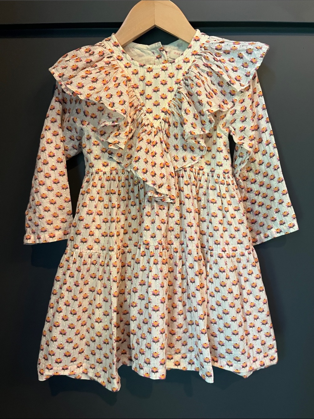 Pink Chicken Cream Dress with Orange-Pink Floral Print 3Y